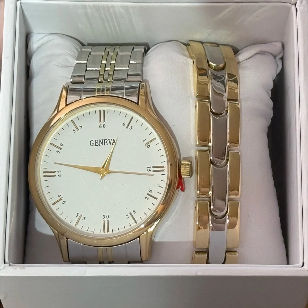 Men's Geneva Analog Silver Gold Wrist‎ Watch with Bracelet In Box